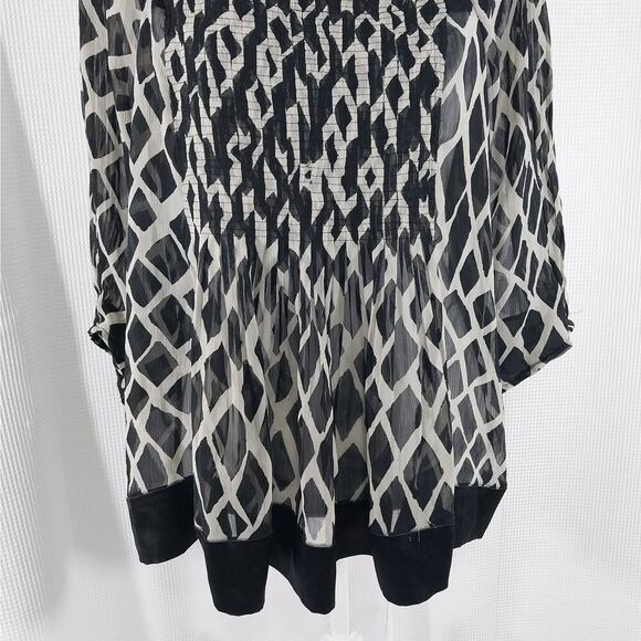 ICE! FLUTTERY, FLOWY BLACK & TAN RUCHED FRONT, SHEER CHIFFON TOP, BLOUSE! SZ L - Picture 4 of 8